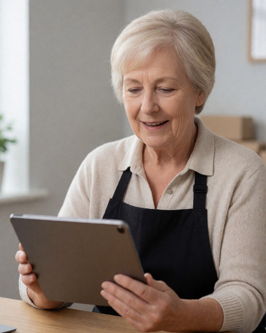 Une femme âgée portant un tablier examine une tablette dans un bureau aux murs gris et à la lumière douce, évoquant un service professionnel et accueillant.