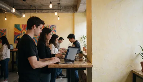 Des personnes utilisent des ordinateurs portables dans un coworking aux murs jaunes, avec des suspensions et du décor mural, dans une ambiance professionnelle et créative.