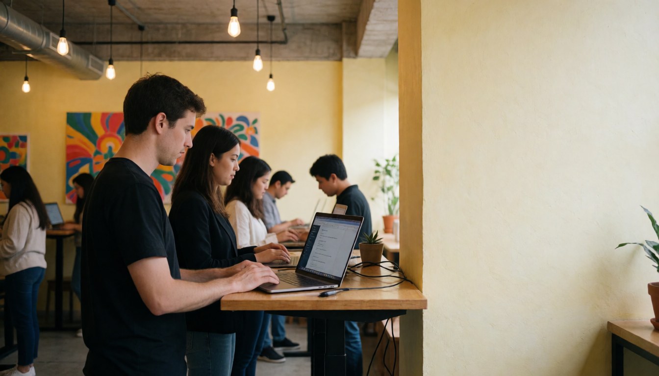 Des personnes utilisent des ordinateurs portables dans un coworking aux murs jaunes, avec des suspensions et du décor mural, dans une ambiance professionnelle et créative.