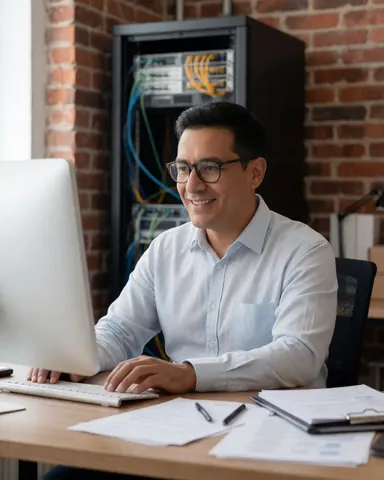 Homme portant des lunettes sourit devant son écran d'ordinateur sur un bureau, avec des serveurs et des câbles en arrière-plan sur un mur de briques dans un environnement de bureau professionnel.