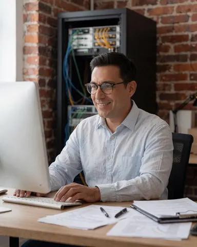Homme portant des lunettes sourit devant son écran d'ordinateur sur un bureau, avec des serveurs et des câbles en arrière-plan sur un mur de briques dans un environnement de bureau professionnel.