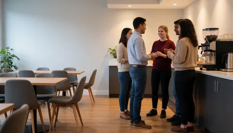 Des personnes discutent près d'une cafétéria dans un espace de coworking moderne avec tables, chaises, murs gris et lumière chaude.