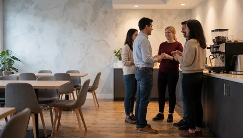 Des personnes discutent près d'une cafétéria dans un espace de coworking moderne avec tables, chaises, murs gris et lumière chaude.