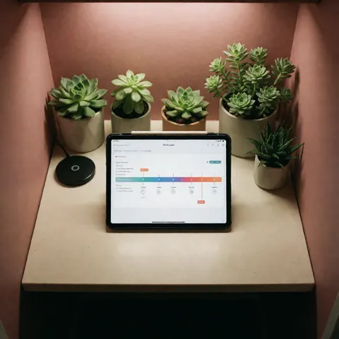 Un bureau de coworking équipé d'une tablette affichant un projet, entouré de plantes succulentes vertes et de murs roses, offrant un espace de travail privé et confortable.