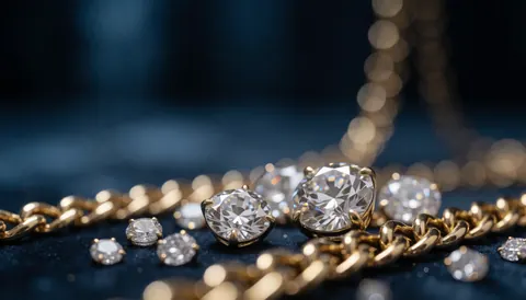 Des diamants scintillants et des chaînes d'or élégantes disposés sur un fond noir profond, éclairage dramatique, idéal pour la publicité de bijoux.