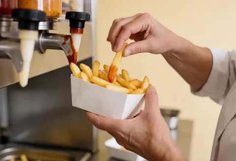 Un cuisinier sert des frites accompagnées de sauce dans un restaurant rapide. Gros plan sur les mains et le distributeur, avec la cuisine en arrière-plan flou.