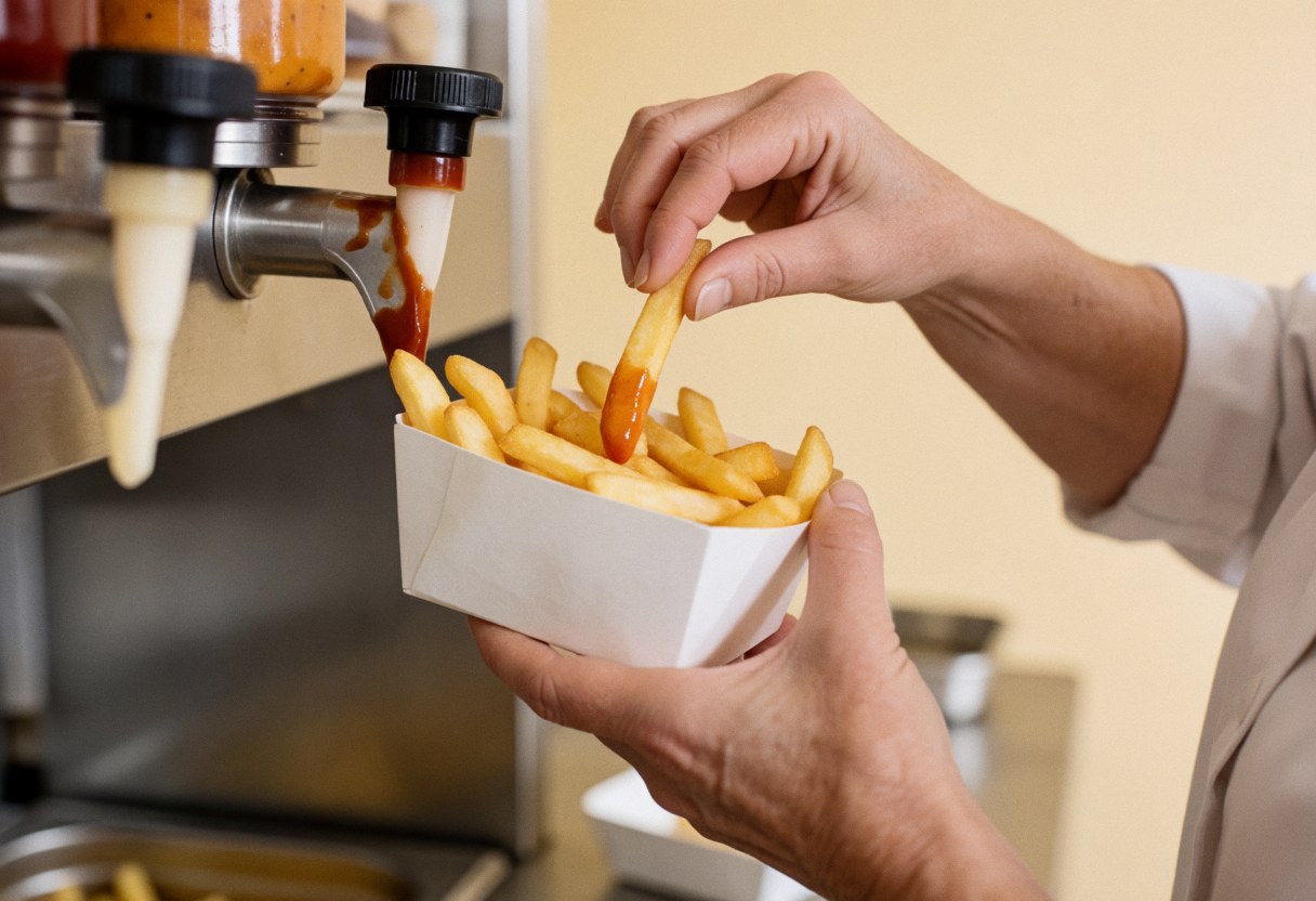 Un cuisinier sert des frites accompagnées de sauce dans un restaurant rapide. Gros plan sur les mains et le distributeur, avec la cuisine en arrière-plan flou.