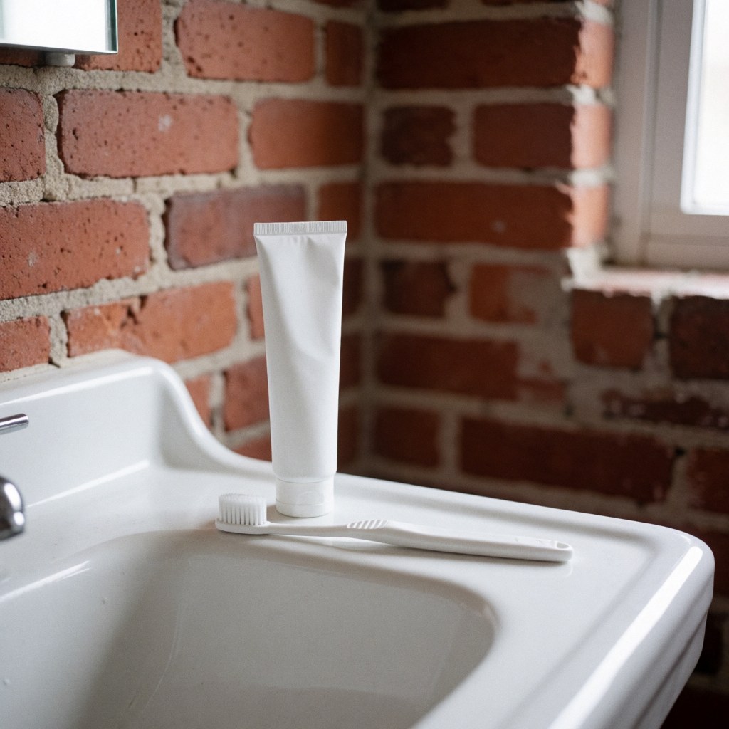 Une brosse à dents neuve et un tube de dentifrice posés sur un lavabo blanc, devant un mur de briques rouges, éclairage naturel doux, scène minimaliste pour l'hygiène buccale.