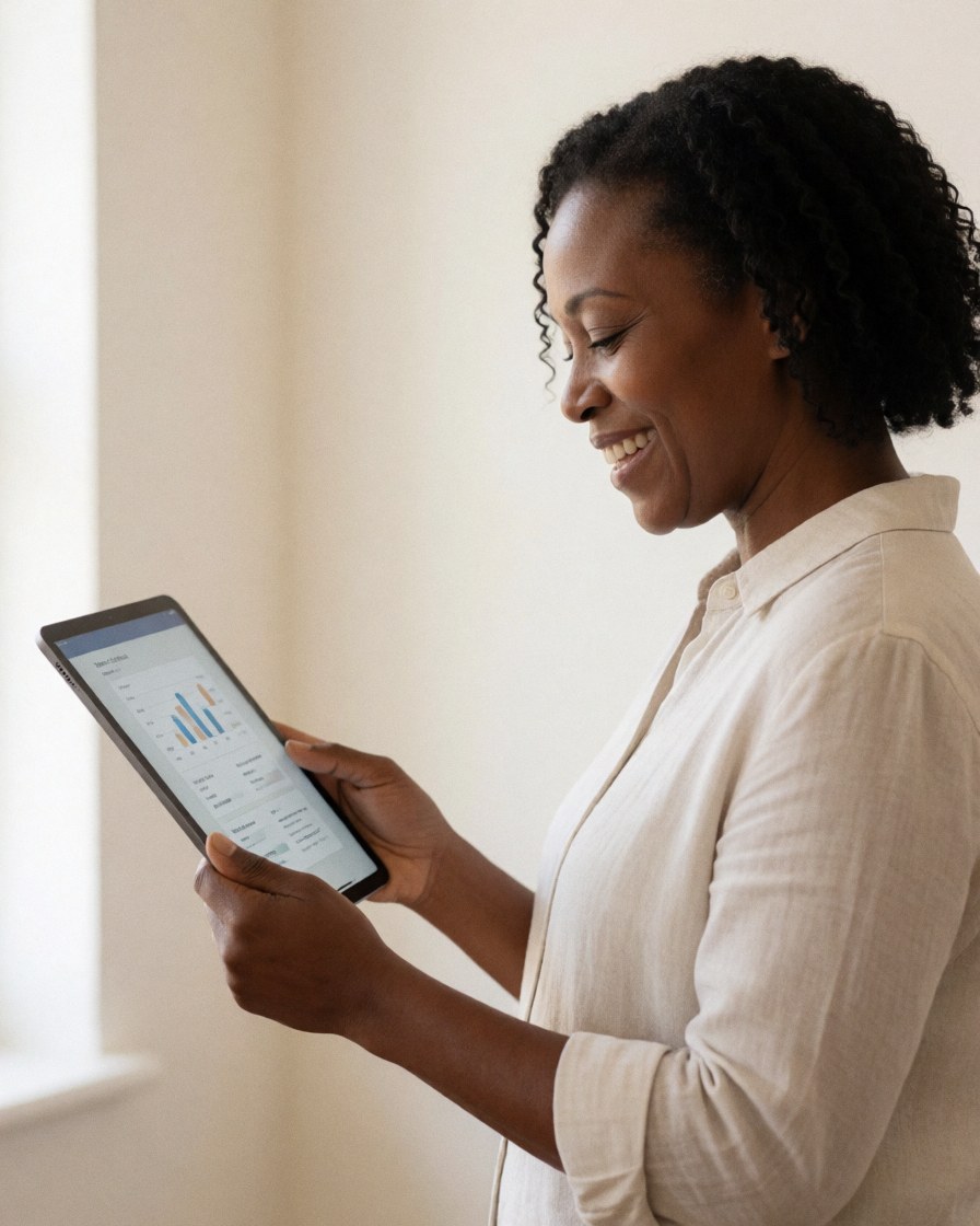 Une femme d'affaires sourit en regardant des données sur une tablette dans un bureau lumineux, évoquant la satisfaction client et le succès professionnel.