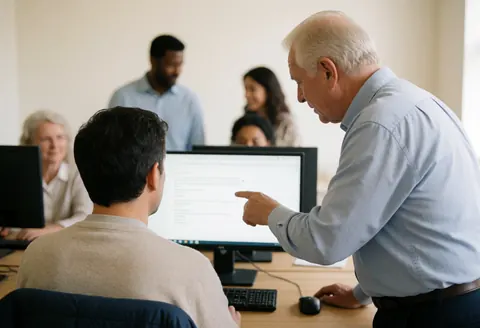 Un technicien de support pointe l'écran pendant qu'un client observe attentivement dans un bureau professionnel.
