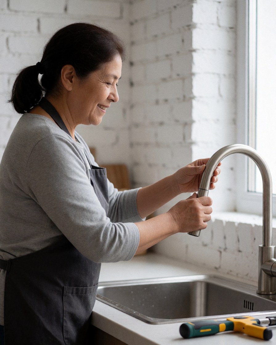 Une femme sourit en installant un nouveau robinet dans sa cuisine, avec un mur de briques blanches et des outils sur le comptoir.