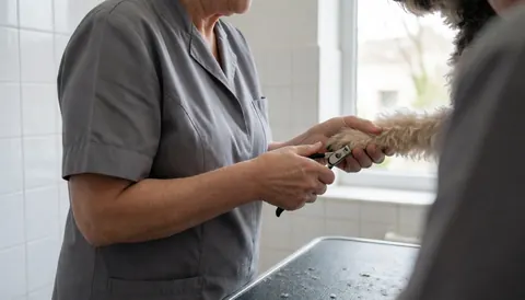 Toiletteur professionnel en uniforme gris coupant les griffes d'un chien avec des ciseaux dans un salon canin aux murs carrelés blancs et à la lumière naturelle.