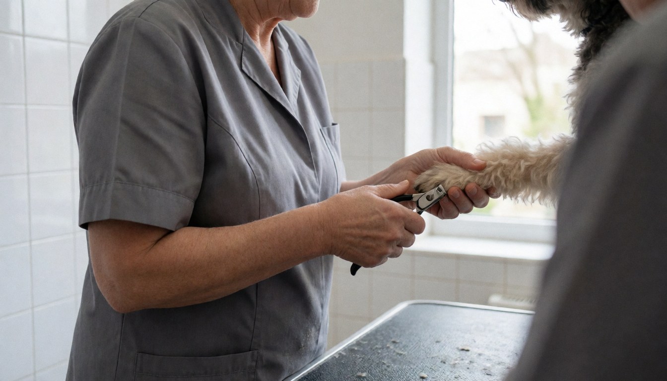 Toiletteur professionnel en uniforme gris coupant les griffes d'un chien avec des ciseaux dans un salon canin aux murs carrelés blancs et à la lumière naturelle.