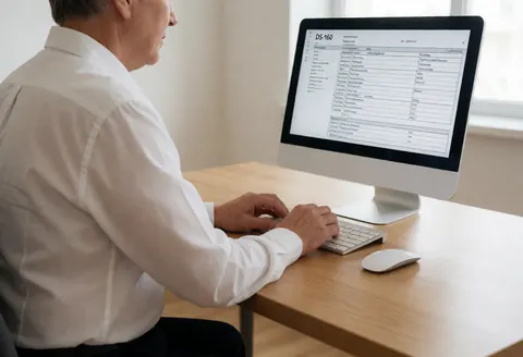 Un agent de voyages en chemise blanche remplit le formulaire DS-160 sur un ordinateur dans un bureau lumineux et professionnel.