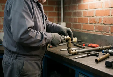 Un plombier en gants ajuste un tuyau en bronze dans un atelier avec mur en briques et outils autour.