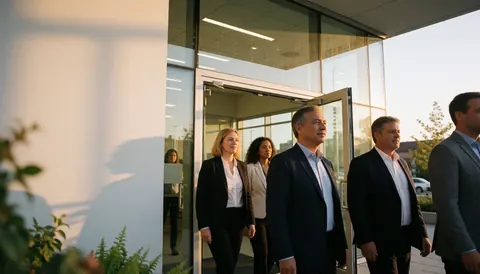 Groupe de professionnels en tenue formelle pénétrant par les portes vitrées d'un institut sous une lumière dorée.