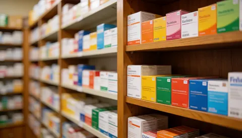 Vue rapprochée d'étagères bien rangées contenant des boîtes de médicaments colorées, créant un fond texturé et chaleureux adapté à la publicité.