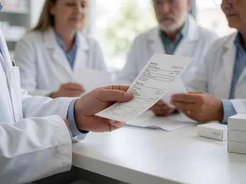 Gros plan d'une main de pharmacien tenant une ordonnance sur un bureau blanc avec lumière naturelle et fond flou.