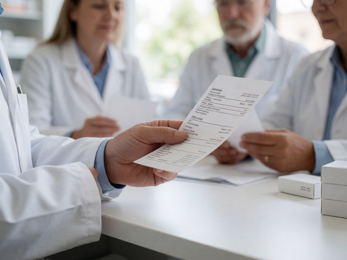 Gros plan d'une main de pharmacien tenant une ordonnance sur un bureau blanc avec lumière naturelle et fond flou.