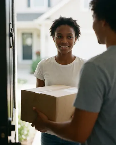 Une cliente heureuse tient un paquet livré devant la porte d'entrée de sa maison, illustrant la satisfaction du service logistique et la livraison réussie.