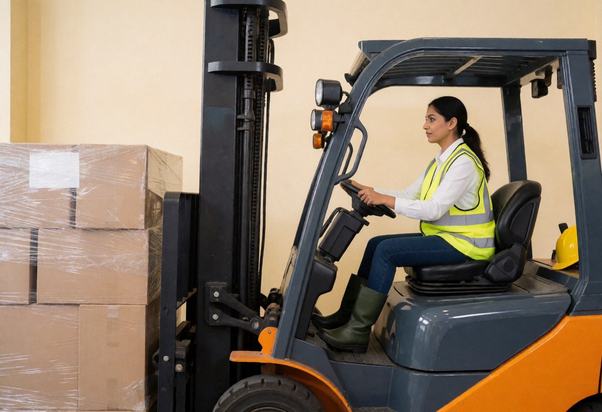 Une femme en gilet réfléchissant et casque de sécurité conduit un chariot élévateur pour déplacer des cartons dans un entrepôt industriel.