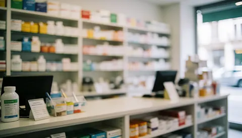 Arrière-plan de pharmacie avec des étagères remplies de médicaments, un comptoir et un ordinateur, idéal pour ajouter du texte.