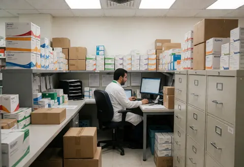 Vue de l'arrière-boutique d'une pharmacie avec bureau, ordinateur et étagères.