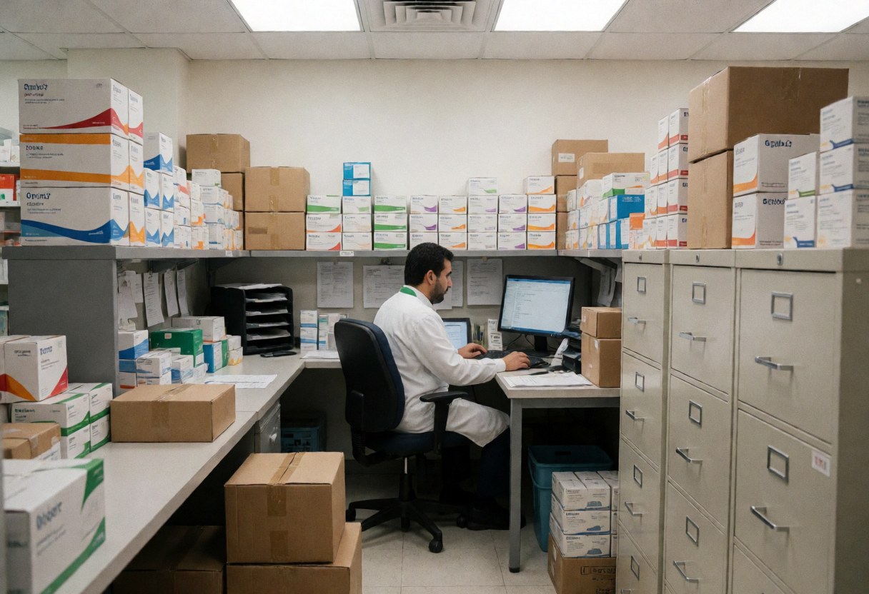 Vue de l'arrière-boutique d'une pharmacie avec bureau, ordinateur et étagères.