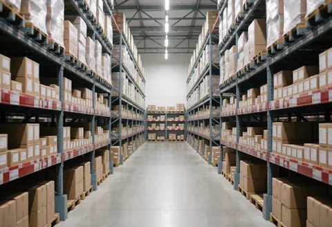 Allées d'entrepôt avec des étagères hautes et des cartons uniformes, éclairage LED, environnement propre et ordonné, idéal pour la logistique et la distribution.