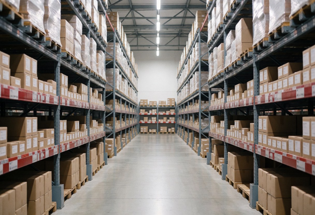 Allées d'entrepôt avec des étagères hautes et des cartons uniformes, éclairage LED, environnement propre et ordonné, idéal pour la logistique et la distribution.