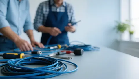 Arrière-plan flou de câbles électriques bleus et d'outils posés sur une surface, servant de fond neutre pour l'ajout de texte.