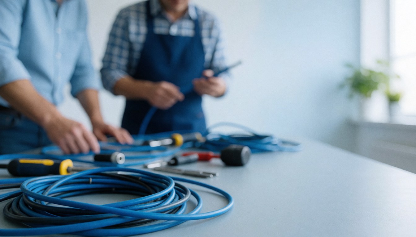 Arrière-plan flou de câbles électriques bleus et d'outils posés sur une surface, servant de fond neutre pour l'ajout de texte.