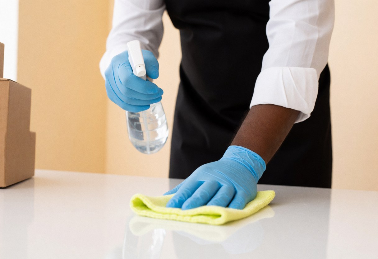 Gants en caoutchouc manipulant un chiffon pour essuyer la surface d'un bureau dans le cadre d'un service de nettoyage professionnel.