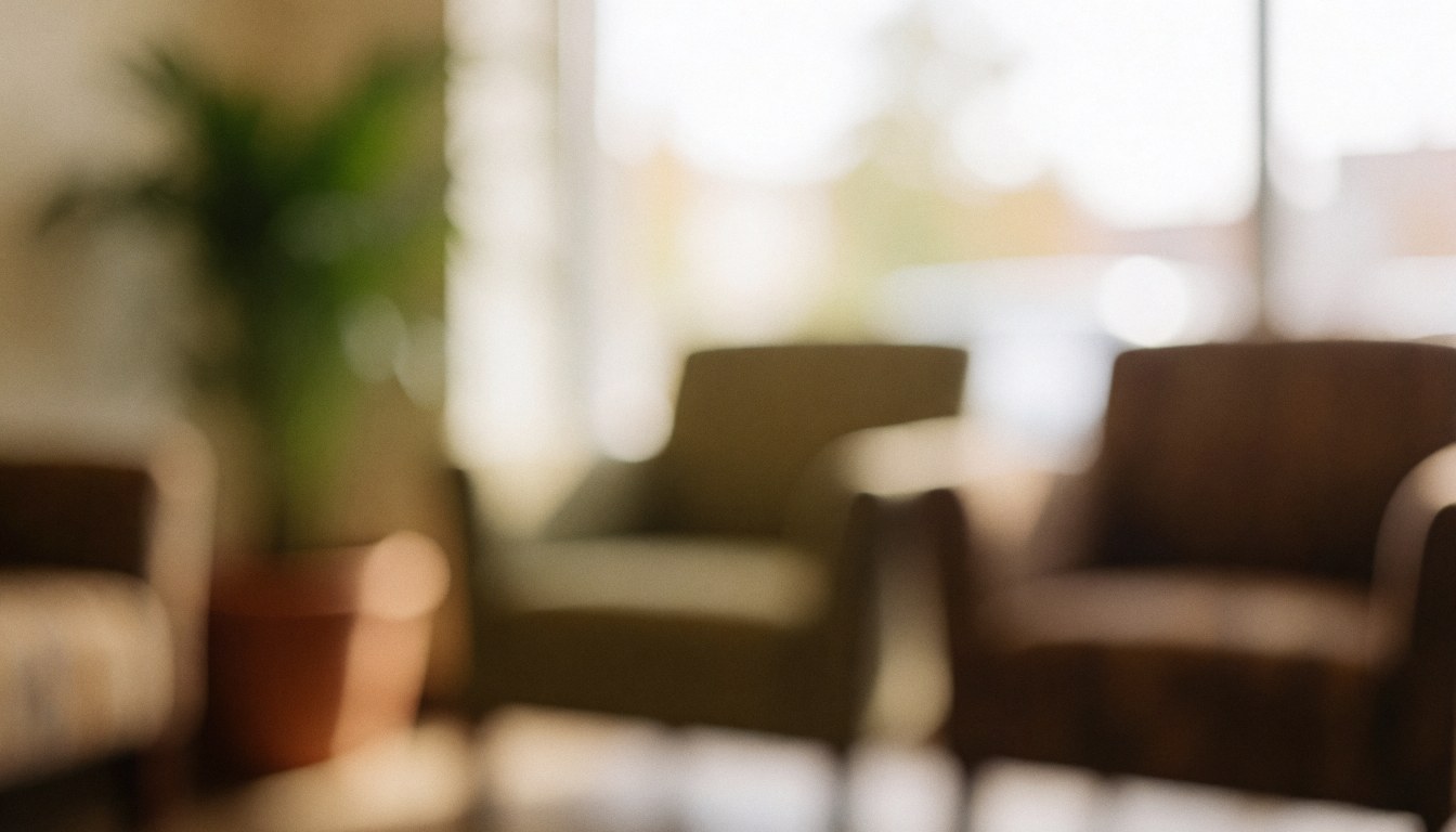 Fond neutre de salle d'attente avec chaises confortables et plante en pot, éclairage chaleureux et flou artistique pour textes ou publicités.