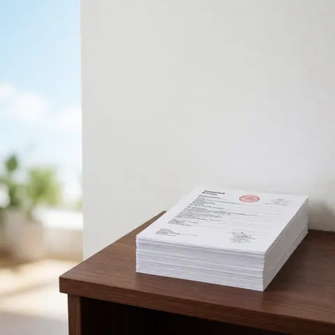 Des documents de police d'assurance sont soigneusement empilés sur une surface en bois foncé, avec un sceau rouge visible, dans un environnement de bureau lumineux et professionnel.