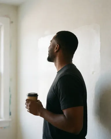 Un homme en silhouette tient une tasse tout en observant un mur fraîchement peint dans un intérieur lumineux, exprimant sa satisfaction.