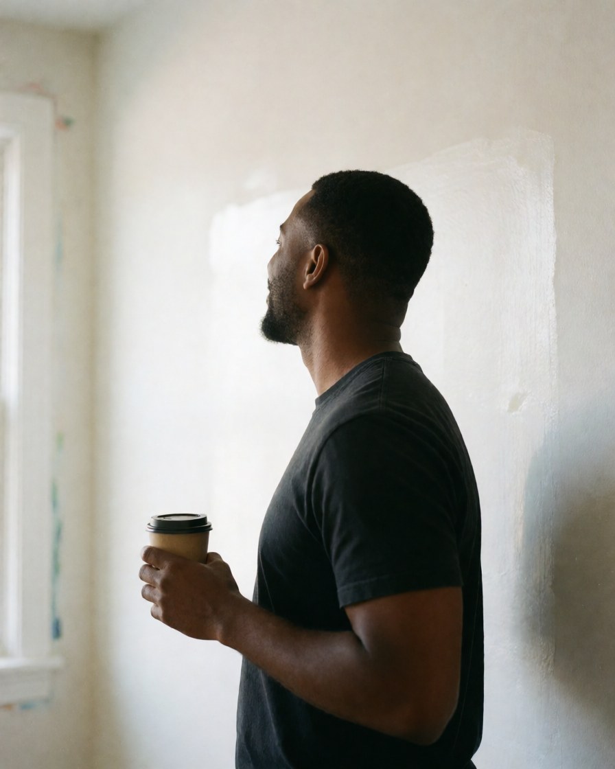 Un homme en silhouette tient une tasse tout en observant un mur fraîchement peint dans un intérieur lumineux, exprimant sa satisfaction.