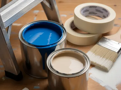 Gros plan montrant des pots de peinture professionnelle, des pinceaux et du matériel organisé sur une surface en bois.