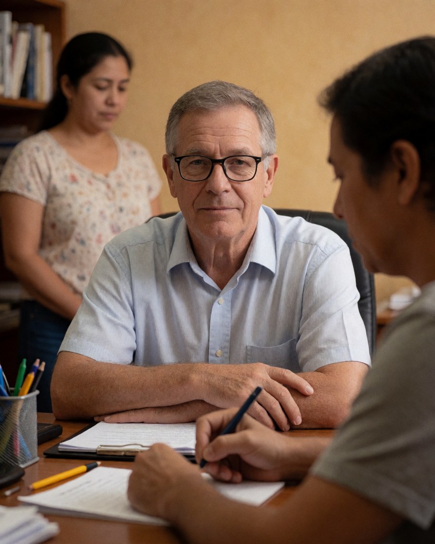 Un administrateur âgé portant des lunettes vérifie des papiers dans un bureau pendant qu'un étudiant signe un document et qu'une femme observe en arrière-plan.