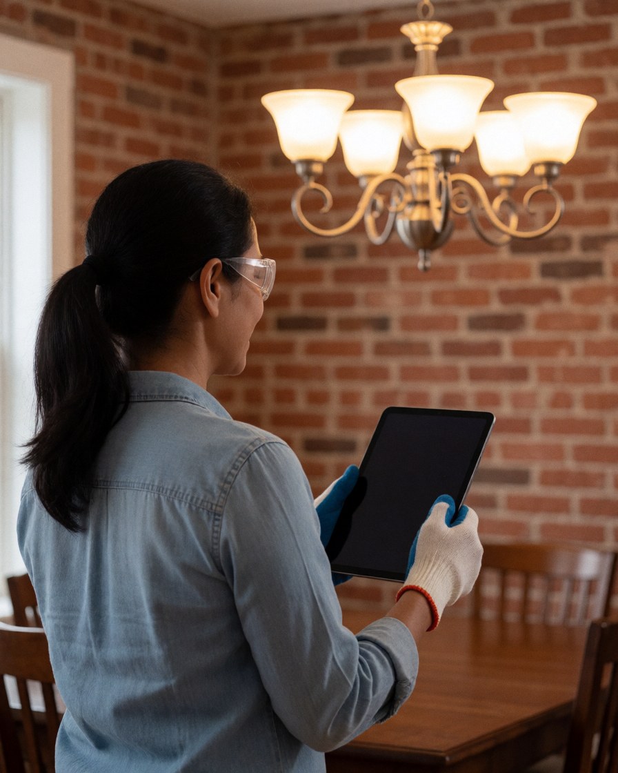 Une cliente sourit en admirant l'éclairage installé par un électricien professionnel dans sa maison.