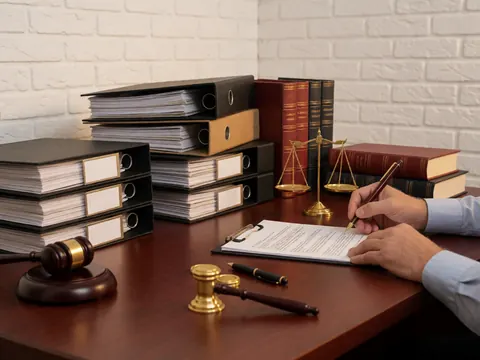 Vue rapprochée d'outils symbolisant le droit posés sur un bureau : marteau, livres, dossiers et stylo.