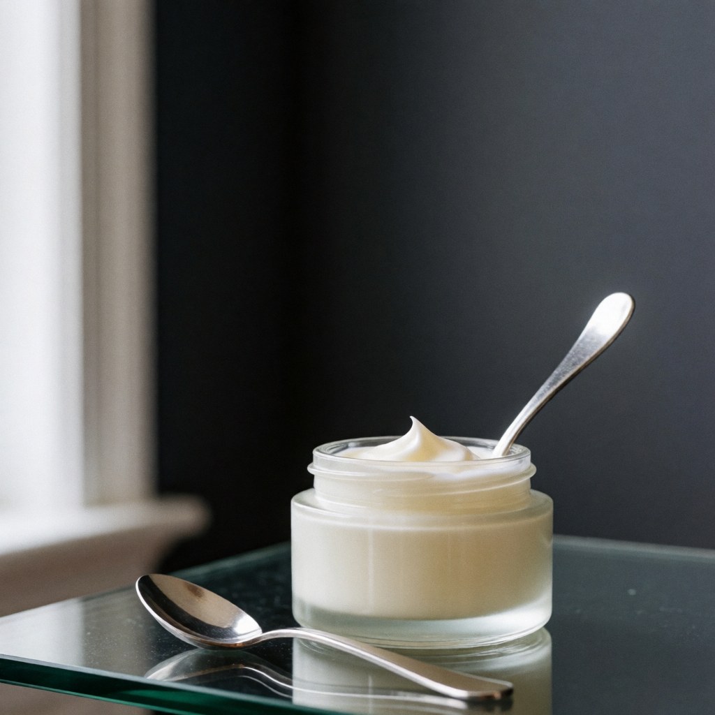Flacon en verre élégant contenant une crème hydratante avec une petite cuillère en verre posée à côté sur fond blanc