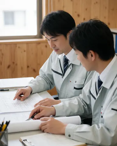 Deux professionnels vérifient des documents techniques sur un bureau en bois dans un environnement de travail réaliste et organisé.