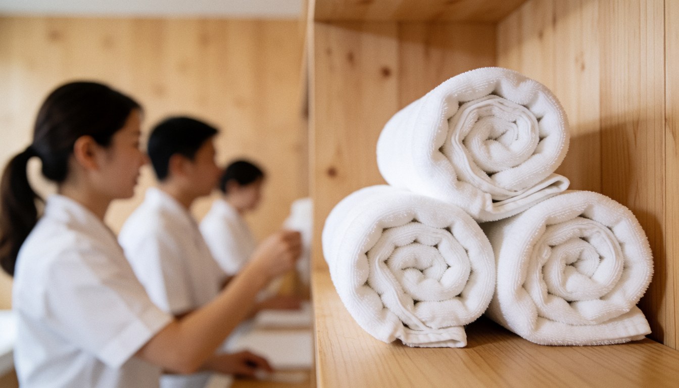 Plusieurs serviettes blanches soigneusement empilées les unes sur les autres, prêtes pour le service spa ou la réception d'un établissement professionnel.