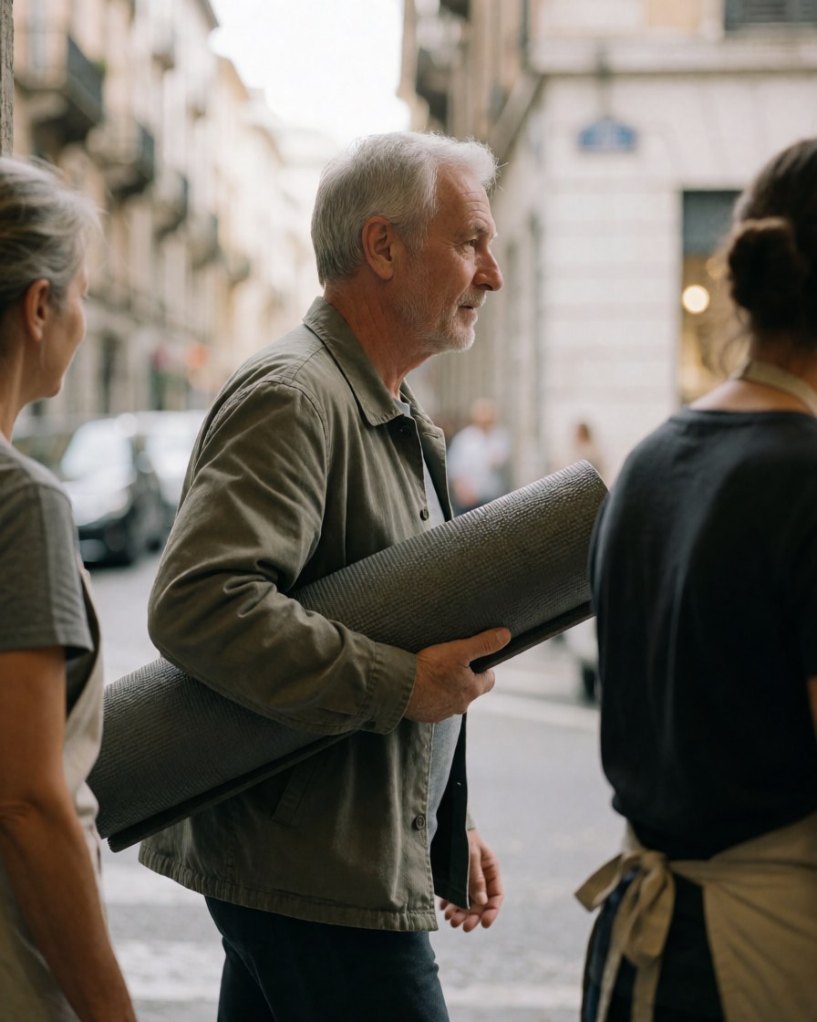Un homme et une femme d'âge mûr quittent un établissement dédié au bien-être et au mouvement, illustrant la vitalité et l'activité physique en milieu urbain.