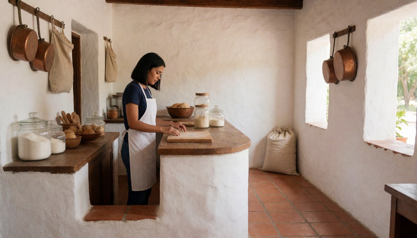 Une femme travaille derrière un comptoir en bois dans une boulangerie aux murs blancs et au sol en terre cuite, sous la lumière naturelle.