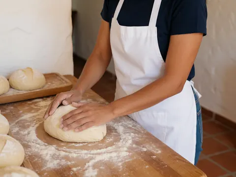 Une femme pétrit de la pâte à pain sur une table en bois saupoudrée de farine dans un environnement lumineux avec des murs blancs et un sol carrelé.