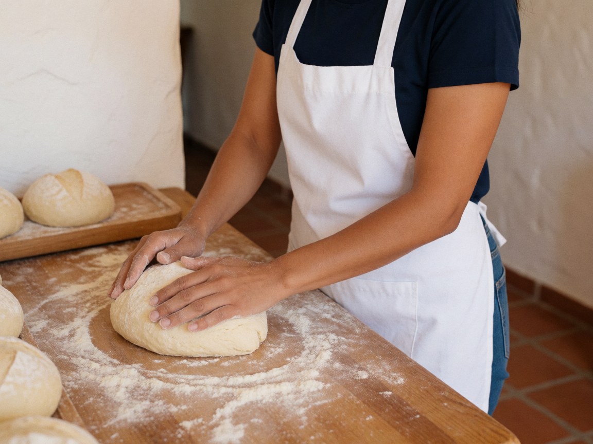 Une femme pétrit de la pâte à pain sur une table en bois saupoudrée de farine dans un environnement lumineux avec des murs blancs et un sol carrelé.