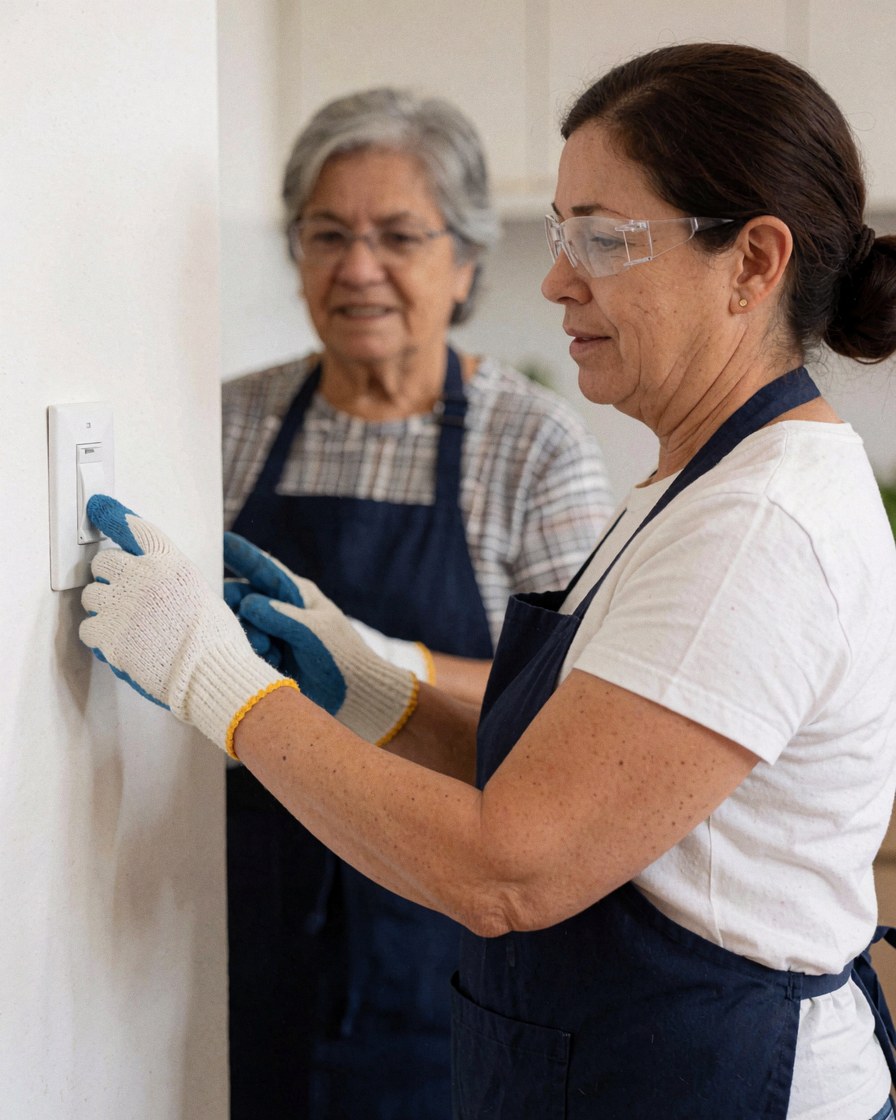 Une électricienne équipée de gants et de lunettes protège allume un interrupteur sur un mur blanc tandis qu'une cliente observe la scène dans une cuisine moderne.