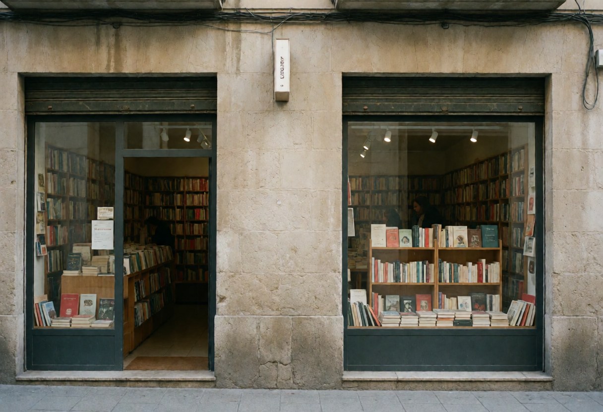 Vue extérieure de la façade d'une librairie avec une grande vitrine et une entrée accessible, construite en pierre.